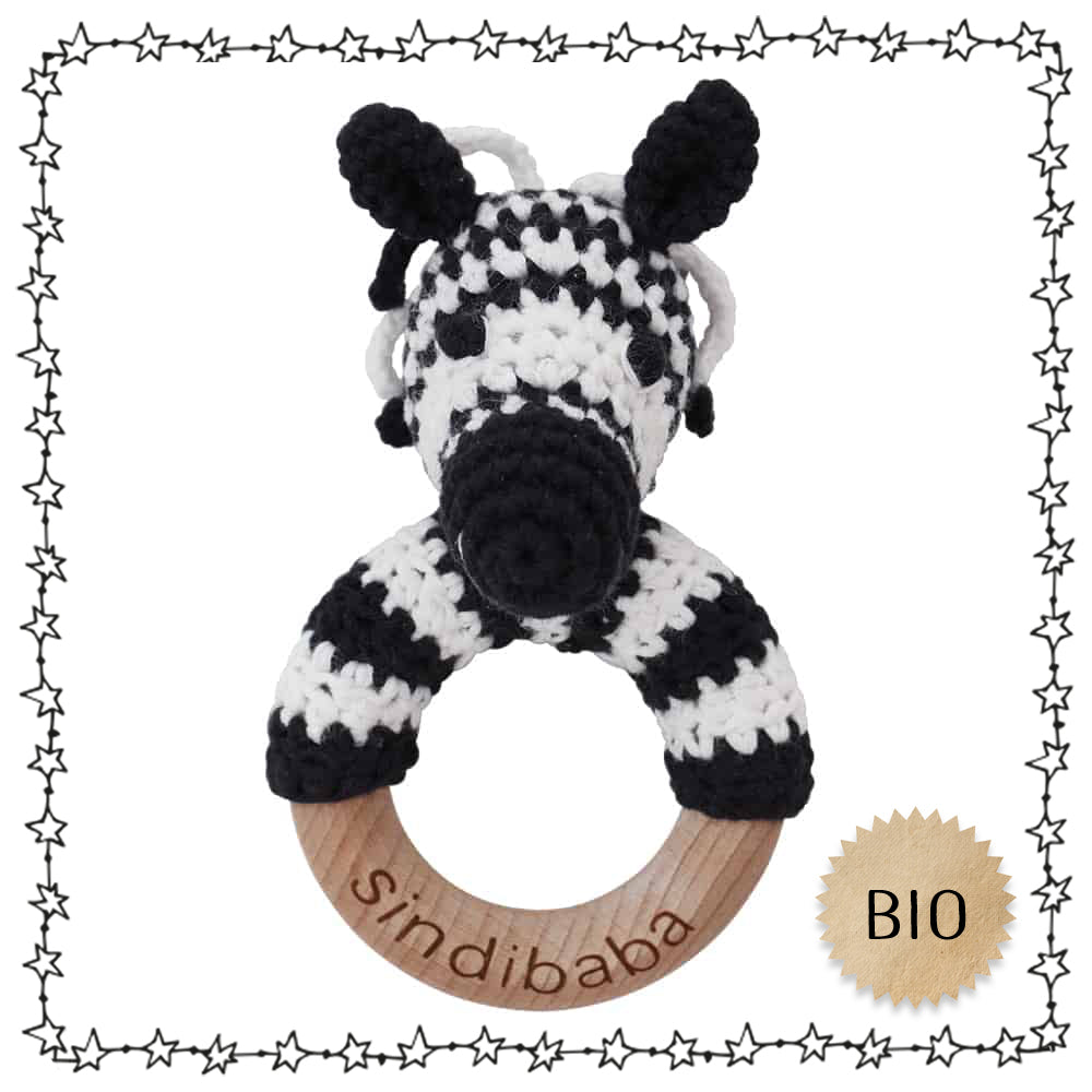 gehäkelter Beißring / Rassel "Zebra", Biobaumwolle