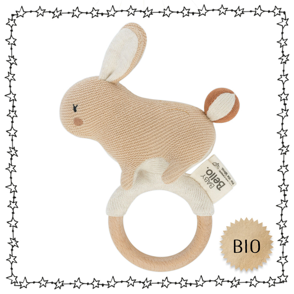 Baby Bello Beißring Hase aus Biobaumwolle und Holzring, Farbe: sand
