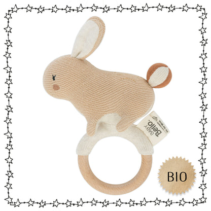Baby Bello Beißring Hase aus Biobaumwolle und Holzring, Farbe: sand