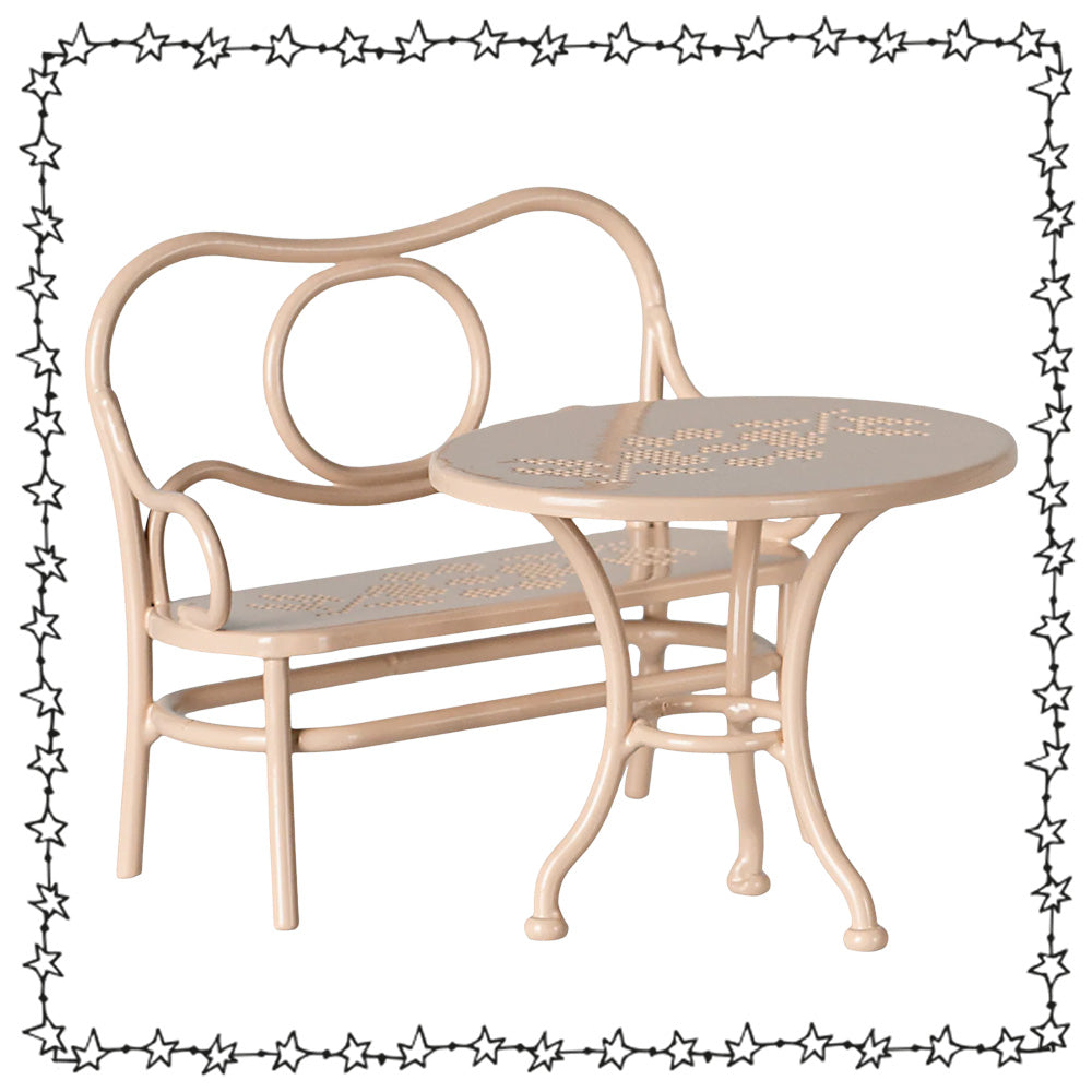 Maileg Tisch und Bank Set rosa Metall Möbel für Mäusehaus
