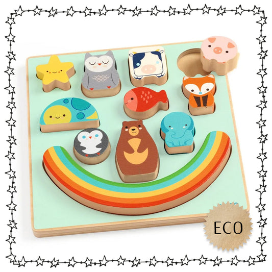 Djeco Steckpuzzle Rainbow aus FSC-zertifiziertem Holz mit bunten Tierteilen