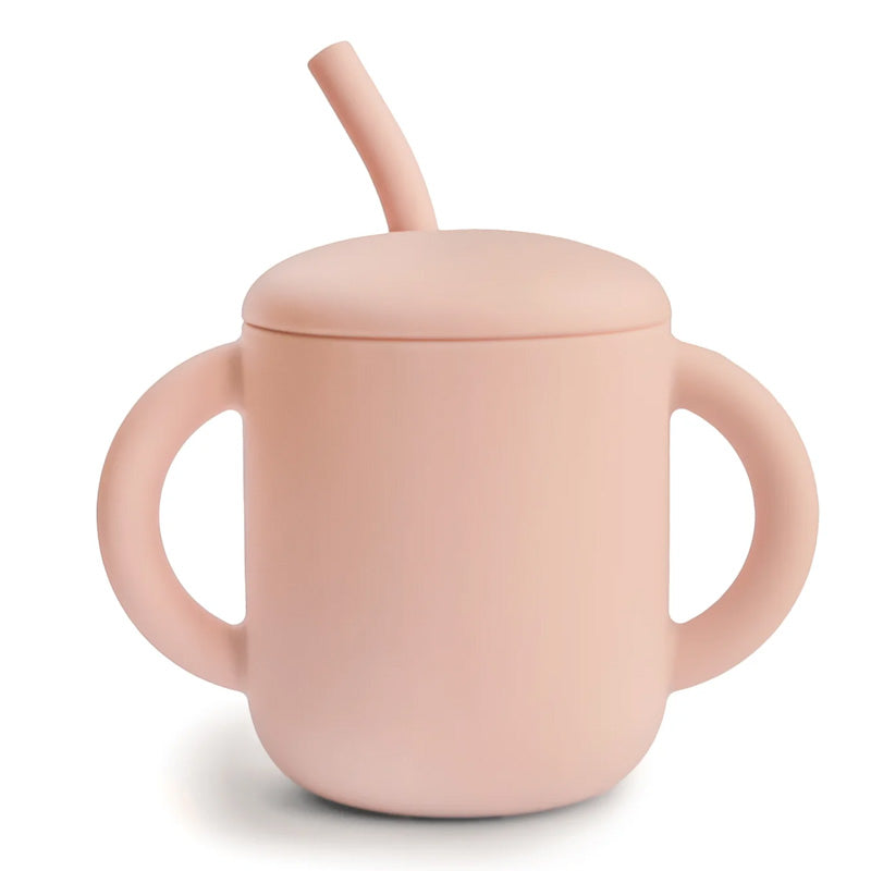Mushie Silikon Trinklerbecher mit Strohhalm in Blush Rosa – bruchsicheres Babygeschirr
